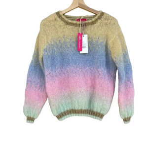 NWT Rose Carmine Tie & Dye Pullover Sweater Striped Kid Mohair w Lurex Size S/M